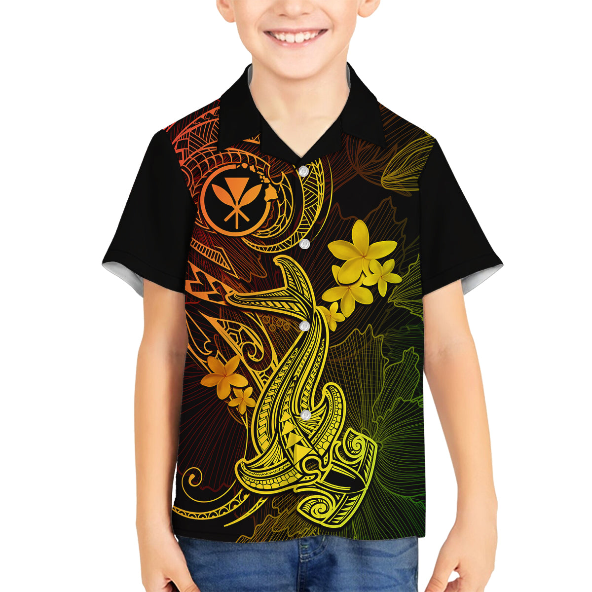 Hawaii Family Matching Off Shoulder Maxi Dress and Hawaiian Shirt Hammerhead Shark Tattoo Mix Polynesian Plumeria Reggae Version LT14 Son's Shirt Reggae - Polynesian Pride