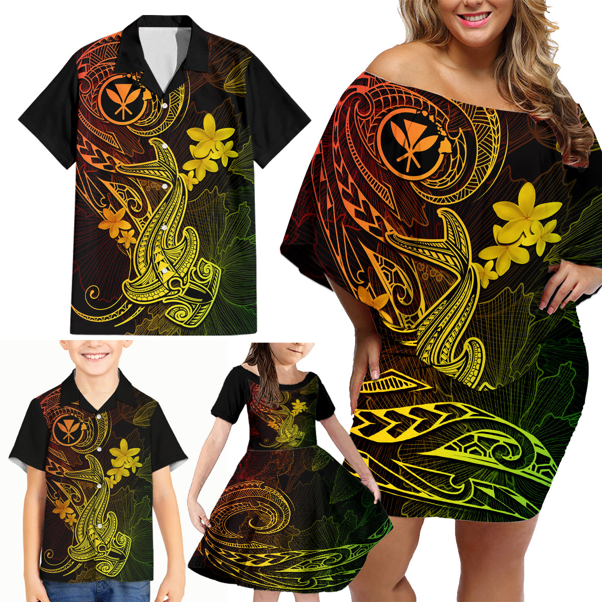 hawaii-family-matching-off-shoulder-short-dress-and-hawaiian-shirt-hammerhead-shark-tattoo-mix-polynesian-plumeria-reggae-version