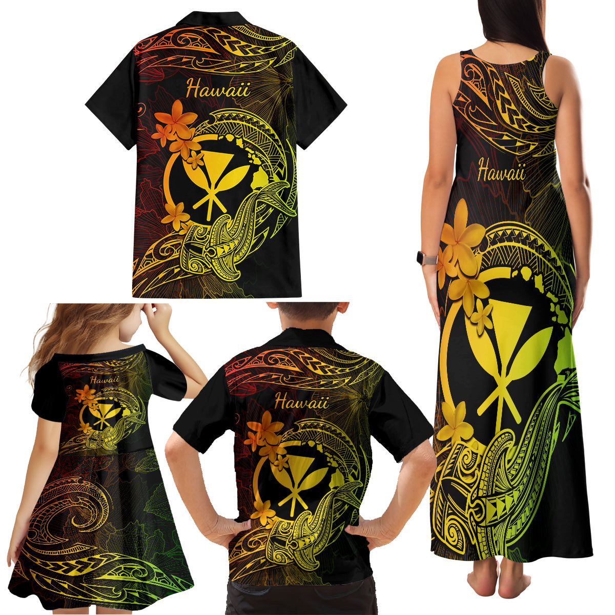 hawaii-family-matching-tank-maxi-dress-and-hawaiian-shirt-hammerhead-shark-tattoo-mix-polynesian-plumeria-reggae-version