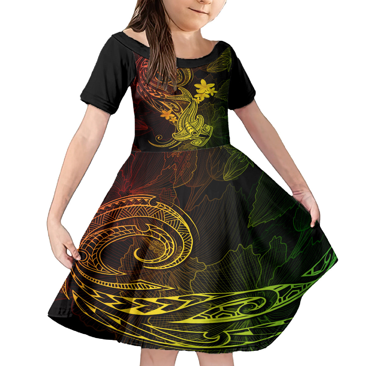 hawaii-kid-short-sleeve-dress-hammerhead-shark-tattoo-mix-polynesian-plumeria-reggae-version