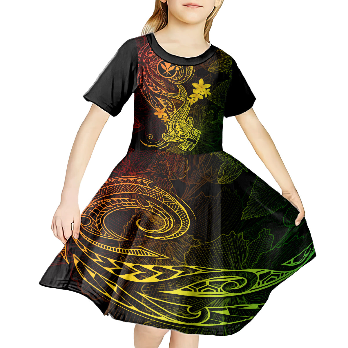 hawaii-kid-short-sleeve-dress-hammerhead-shark-tattoo-mix-polynesian-plumeria-reggae-version