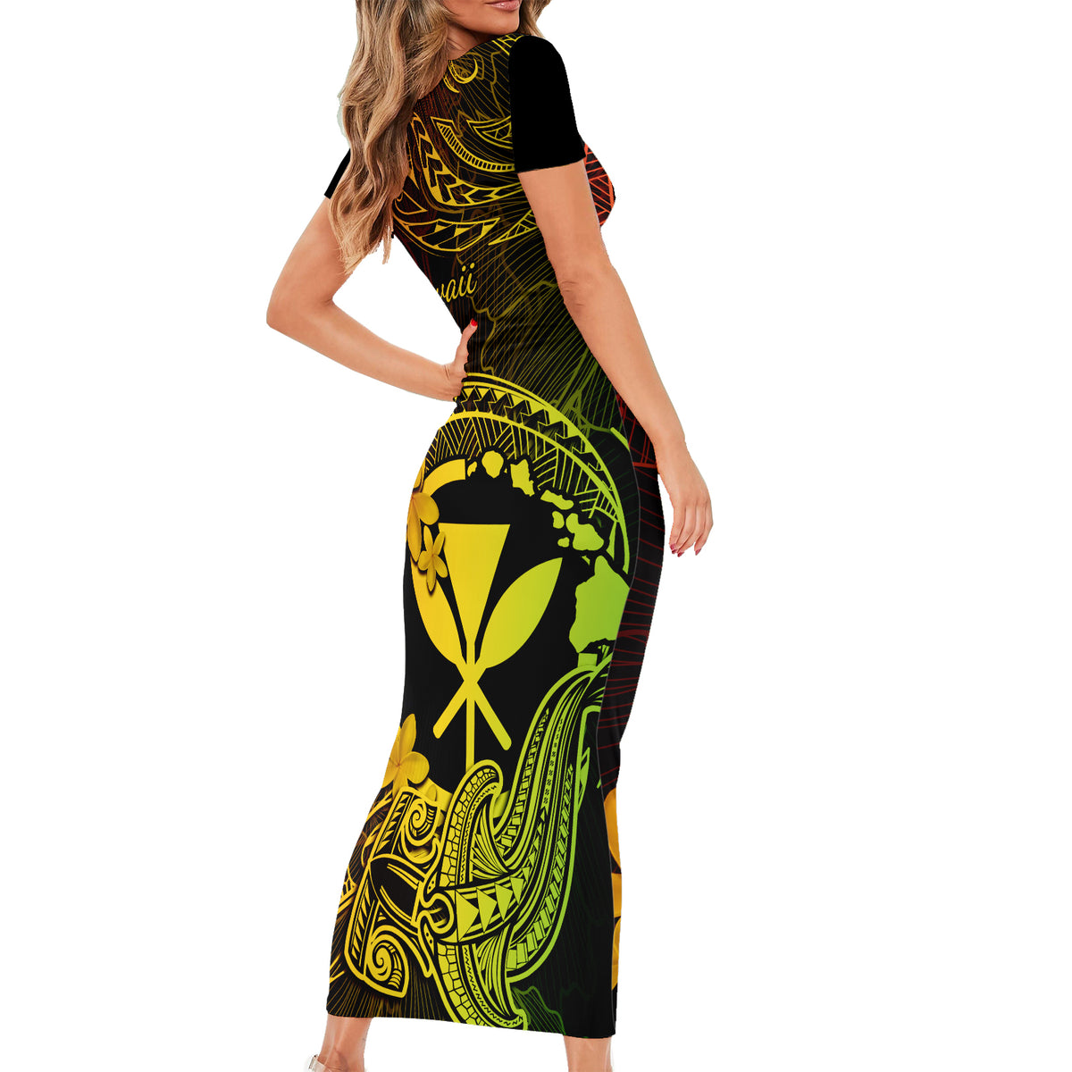 hawaii-short-sleeve-bodycon-dress-hammerhead-shark-tattoo-mix-polynesian-plumeria-reggae-version