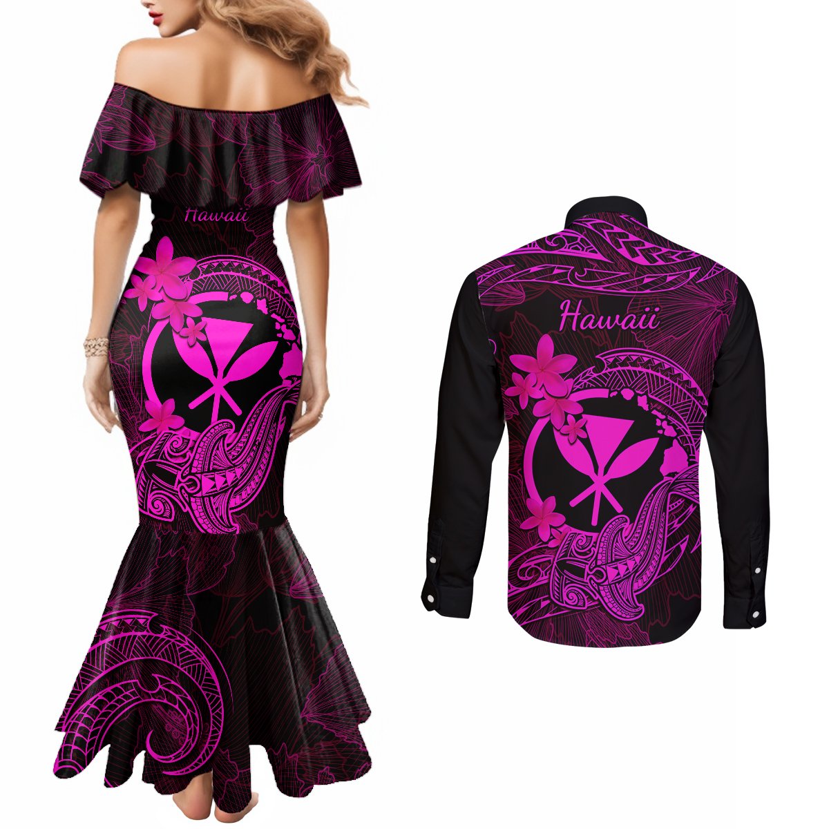 hawaii-couples-matching-mermaid-dress-and-long-sleeve-button-shirts-hammerhead-shark-tattoo-mix-polynesian-plumeria-pink-version