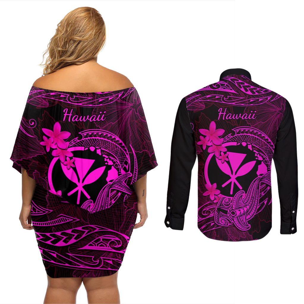 hawaii-couples-matching-off-shoulder-short-dress-and-long-sleeve-button-shirts-hammerhead-shark-tattoo-mix-polynesian-plumeria-pink-version