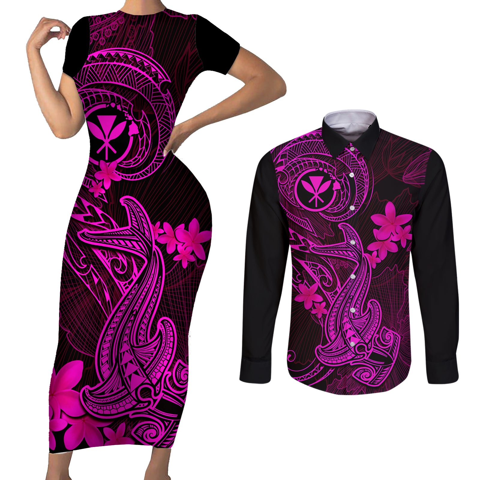 hawaii-couples-matching-short-sleeve-bodycon-dress-and-long-sleeve-button-shirts-hammerhead-shark-tattoo-mix-polynesian-plumeria-pink-version