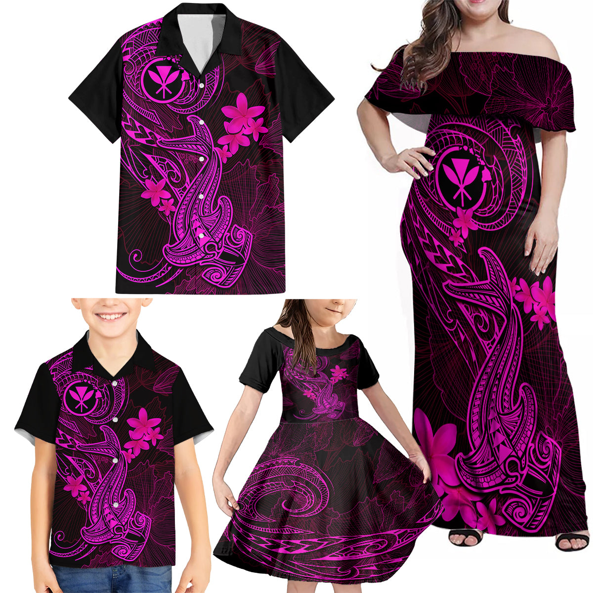 Hawaii Family Matching Off Shoulder Maxi Dress and Hawaiian Shirt Hammerhead Shark Tattoo Mix Polynesian Plumeria Pink Version LT14 - Polynesian Pride
