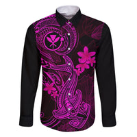 Hawaii Family Matching Off Shoulder Maxi Dress and Hawaiian Shirt Hammerhead Shark Tattoo Mix Polynesian Plumeria Pink Version LT14 Dad's Shirt - Long Sleeve Pink - Polynesian Pride