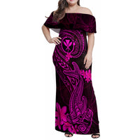 Hawaii Family Matching Off Shoulder Maxi Dress and Hawaiian Shirt Hammerhead Shark Tattoo Mix Polynesian Plumeria Pink Version LT14 Mom's Dress Pink - Polynesian Pride