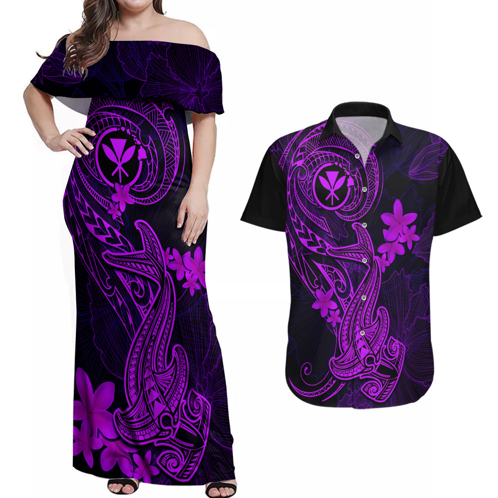 hawaii-couples-matching-off-shoulder-maxi-dress-and-hawaiian-shirt-hammerhead-shark-tattoo-mix-polynesian-plumeria-purple-version