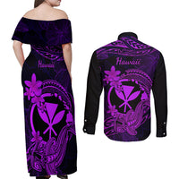hawaii-couples-matching-off-shoulder-maxi-dress-and-long-sleeve-button-shirts-hammerhead-shark-tattoo-mix-polynesian-plumeria-purple-version
