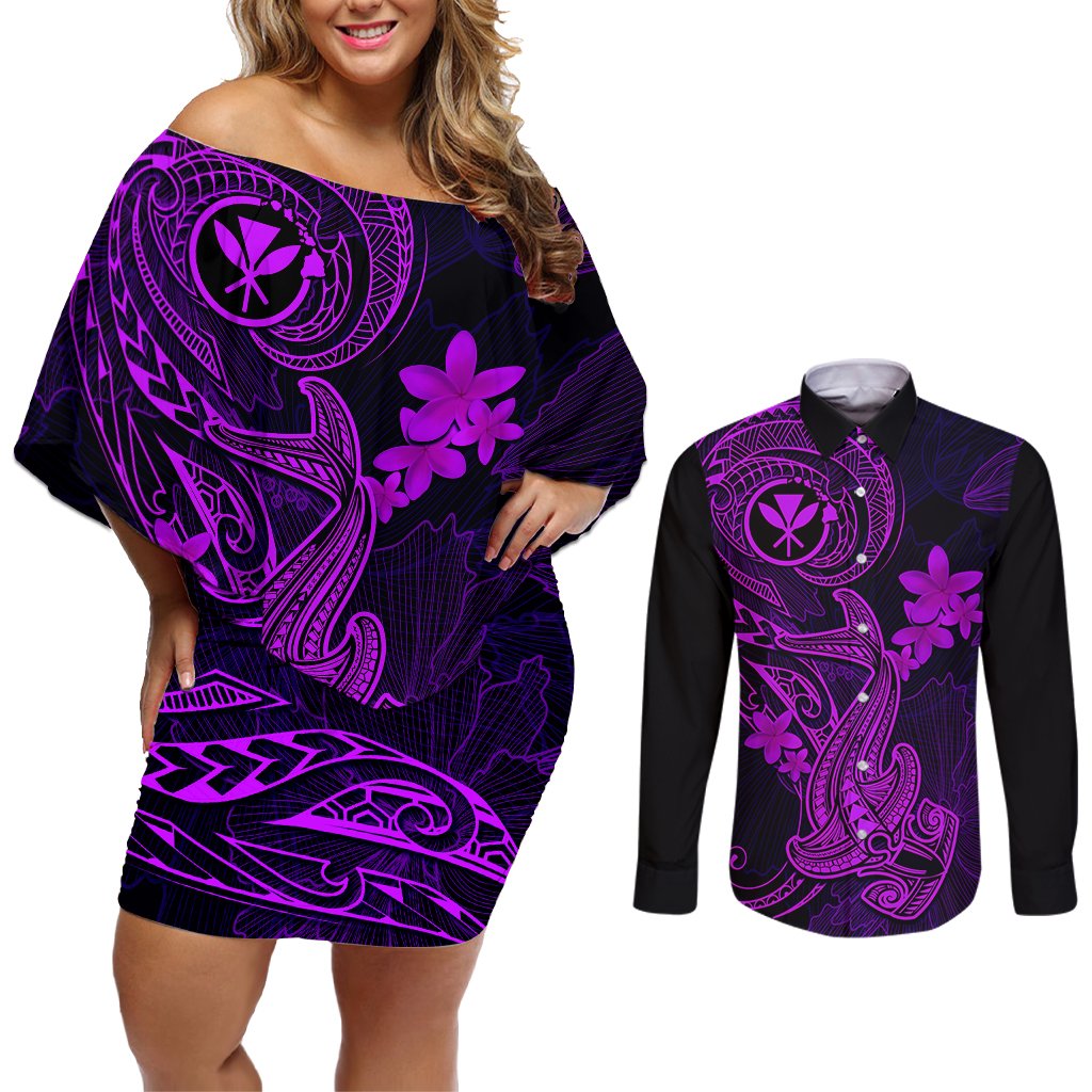 hawaii-couples-matching-off-shoulder-short-dress-and-long-sleeve-button-shirts-hammerhead-shark-tattoo-mix-polynesian-plumeria-purple-version