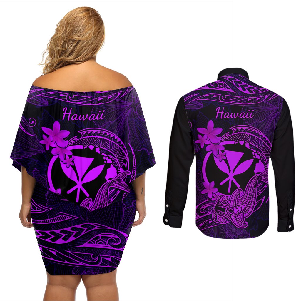 hawaii-couples-matching-off-shoulder-short-dress-and-long-sleeve-button-shirts-hammerhead-shark-tattoo-mix-polynesian-plumeria-purple-version