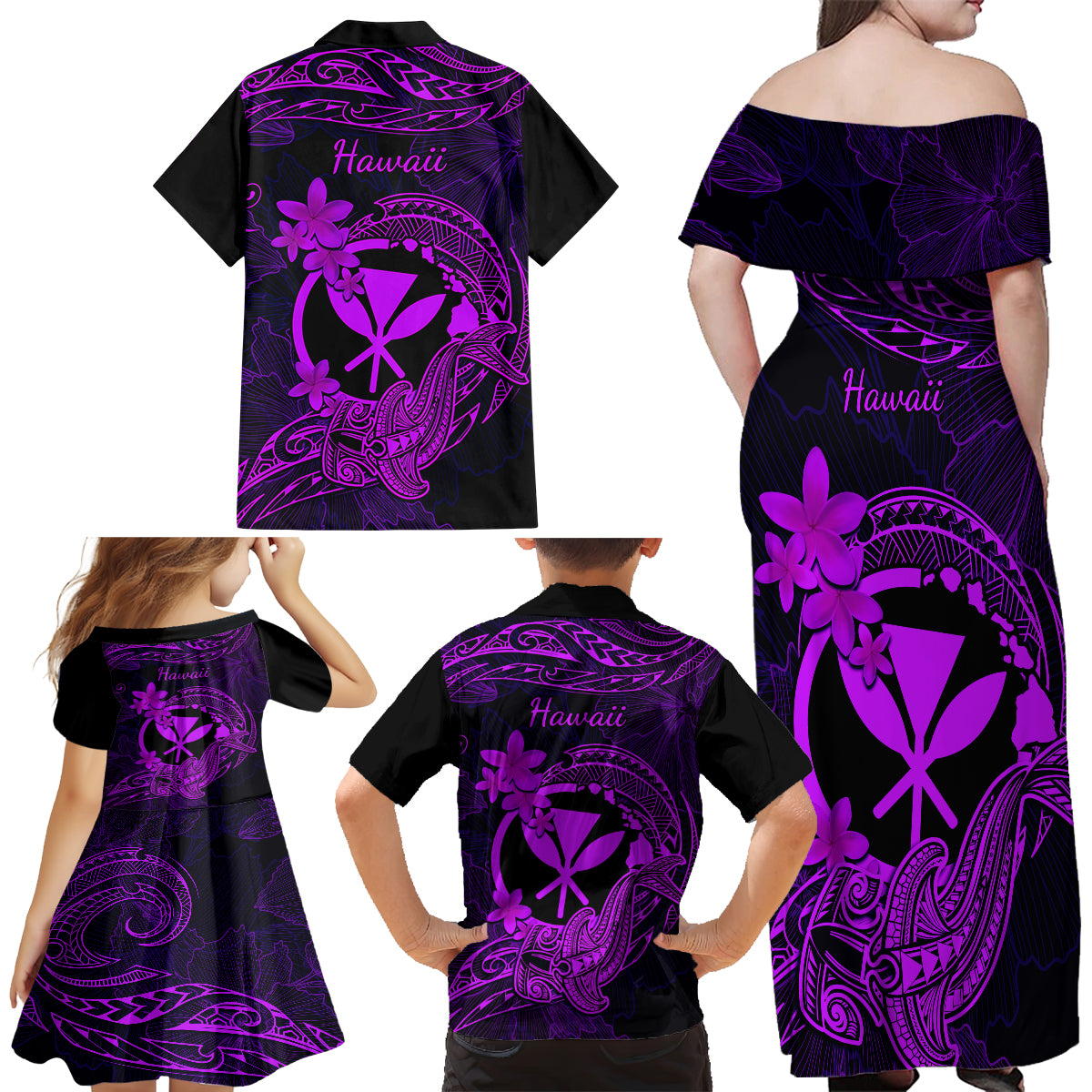 Hawaii Family Matching Off Shoulder Maxi Dress and Hawaiian Shirt Hammerhead Shark Tattoo Mix Polynesian Plumeria Purple Version LT14 - Polynesian Pride