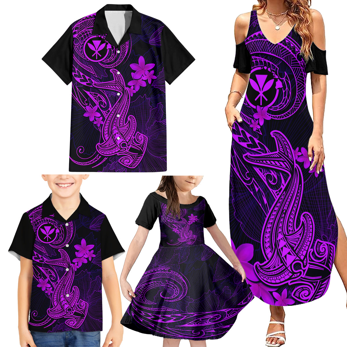 Hawaii Family Matching Summer Maxi Dress and Hawaiian Shirt Hammerhead Shark Tattoo Mix Polynesian Plumeria Purple Version LT14 - Polynesian Pride