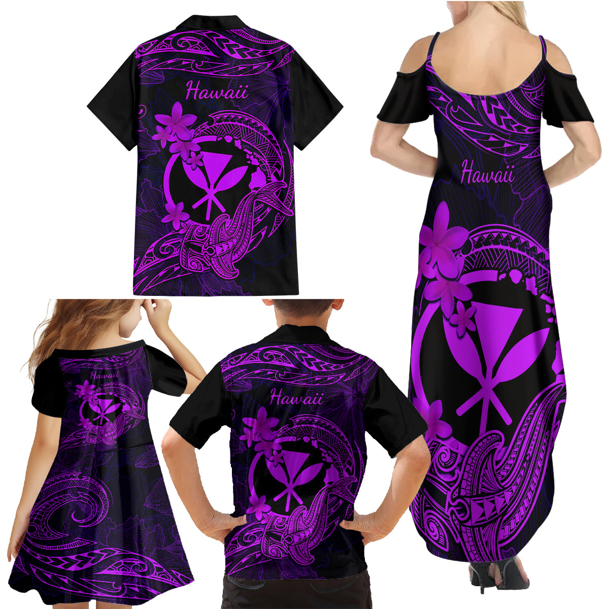Hawaii Family Matching Summer Maxi Dress and Hawaiian Shirt Hammerhead Shark Tattoo Mix Polynesian Plumeria Purple Version LT14 - Polynesian Pride