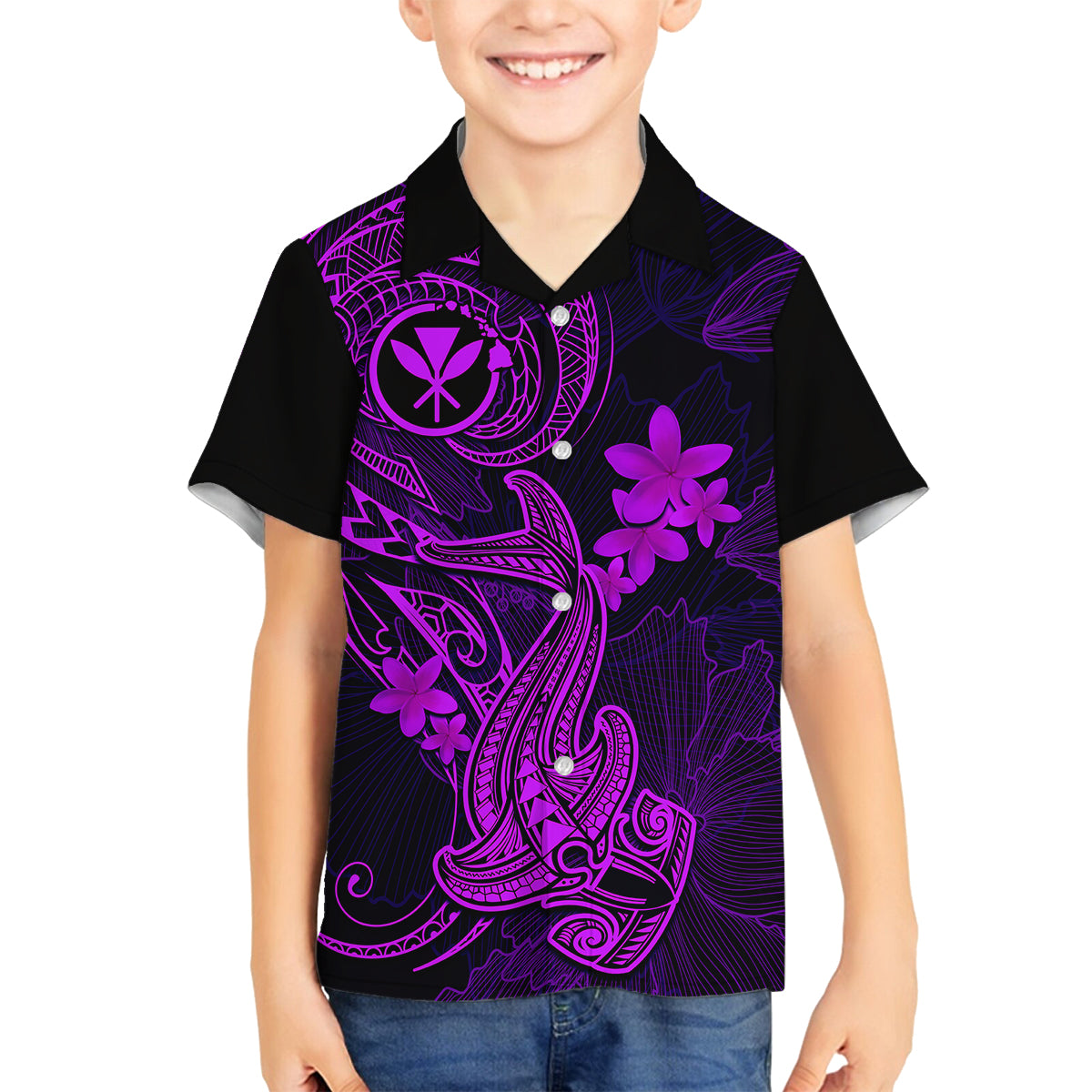 Hawaii Family Matching Summer Maxi Dress and Hawaiian Shirt Hammerhead Shark Tattoo Mix Polynesian Plumeria Purple Version LT14 Dad's Shirt - Long Sleeve Purple - Polynesian Pride