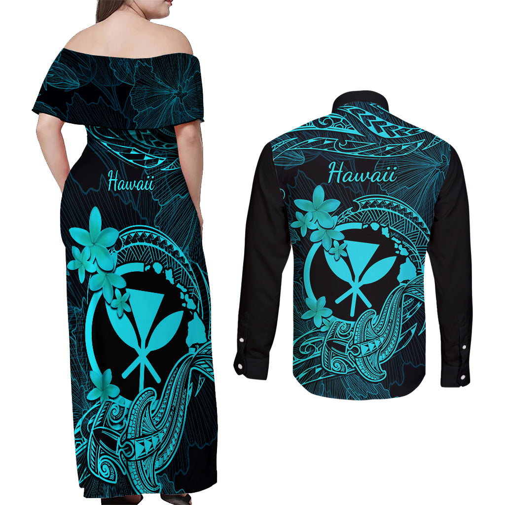 hawaii-couples-matching-off-shoulder-maxi-dress-and-long-sleeve-button-shirts-hammerhead-shark-tattoo-mix-polynesian-plumeria-turquoise-version