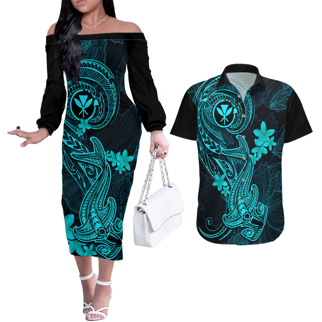 hawaii-couples-matching-off-the-shoulder-long-sleeve-dress-and-hawaiian-shirt-hammerhead-shark-tattoo-mix-polynesian-plumeria-turquoise-version