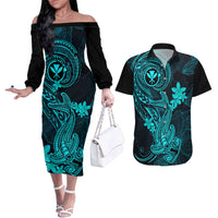 hawaii-couples-matching-off-the-shoulder-long-sleeve-dress-and-hawaiian-shirt-hammerhead-shark-tattoo-mix-polynesian-plumeria-turquoise-version