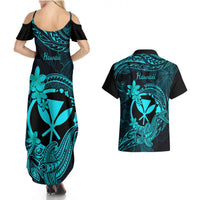 hawaii-couples-matching-summer-maxi-dress-and-hawaiian-shirt-hammerhead-shark-tattoo-mix-polynesian-plumeria-turquoise-version