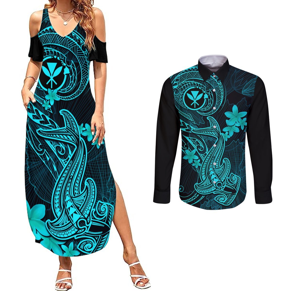 Hawaii Couples Matching Summer Maxi Dress and Long Sleeve Button Shirts Hammerhead Shark Tattoo Mix Polynesian Plumeria Turquoise Version LT14 Turquoise - Polynesian Pride