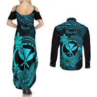 Hawaii Couples Matching Summer Maxi Dress and Long Sleeve Button Shirts Hammerhead Shark Tattoo Mix Polynesian Plumeria Turquoise Version LT14 - Polynesian Pride
