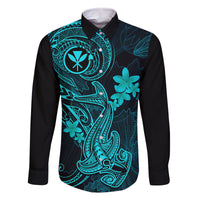 hawaii-family-matching-long-sleeve-bodycon-dress-and-hawaiian-shirt-hammerhead-shark-tattoo-mix-polynesian-plumeria-turquoise-version