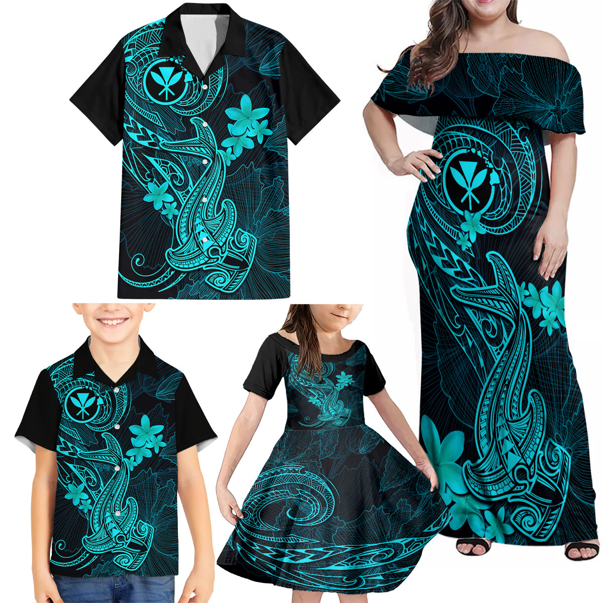 Hawaii Family Matching Off Shoulder Maxi Dress and Hawaiian Shirt Hammerhead Shark Tattoo Mix Polynesian Plumeria Turquoise Version LT14 - Polynesian Pride