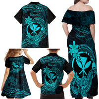 Hawaii Family Matching Off Shoulder Maxi Dress and Hawaiian Shirt Hammerhead Shark Tattoo Mix Polynesian Plumeria Turquoise Version LT14 - Polynesian Pride