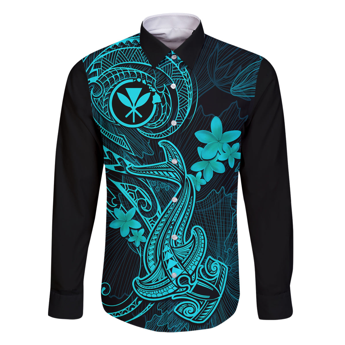 Hawaii Family Matching Off Shoulder Maxi Dress and Hawaiian Shirt Hammerhead Shark Tattoo Mix Polynesian Plumeria Turquoise Version LT14 Dad's Shirt - Long Sleeve Turquoise - Polynesian Pride