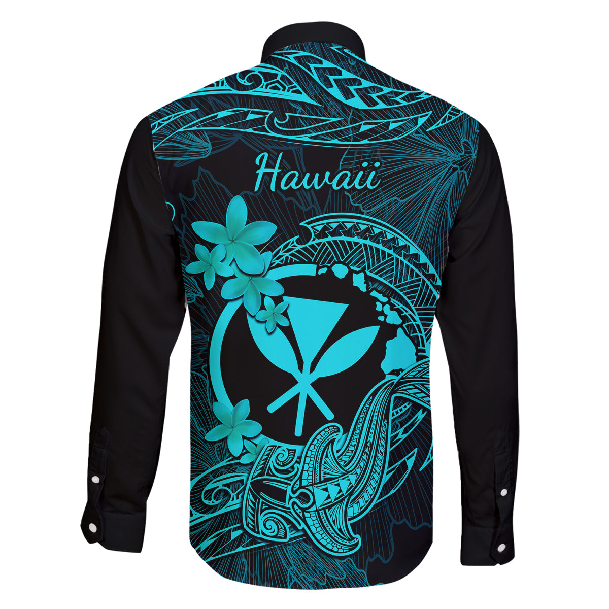 Hawaii Family Matching Off Shoulder Maxi Dress and Hawaiian Shirt Hammerhead Shark Tattoo Mix Polynesian Plumeria Turquoise Version LT14 - Polynesian Pride