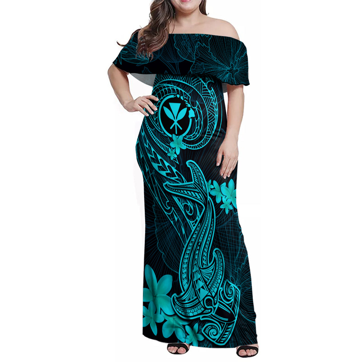 Hawaii Family Matching Off Shoulder Maxi Dress and Hawaiian Shirt Hammerhead Shark Tattoo Mix Polynesian Plumeria Turquoise Version LT14 Mom's Dress Turquoise - Polynesian Pride