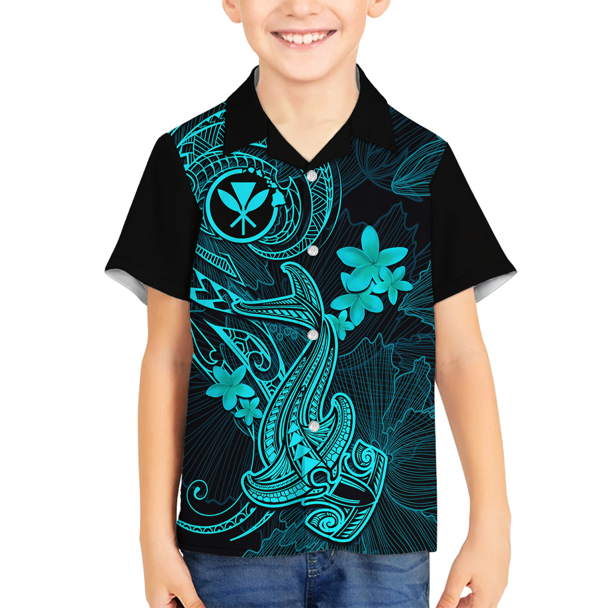 Hawaii Family Matching Off Shoulder Maxi Dress and Hawaiian Shirt Hammerhead Shark Tattoo Mix Polynesian Plumeria Turquoise Version LT14 Son's Shirt Turquoise - Polynesian Pride
