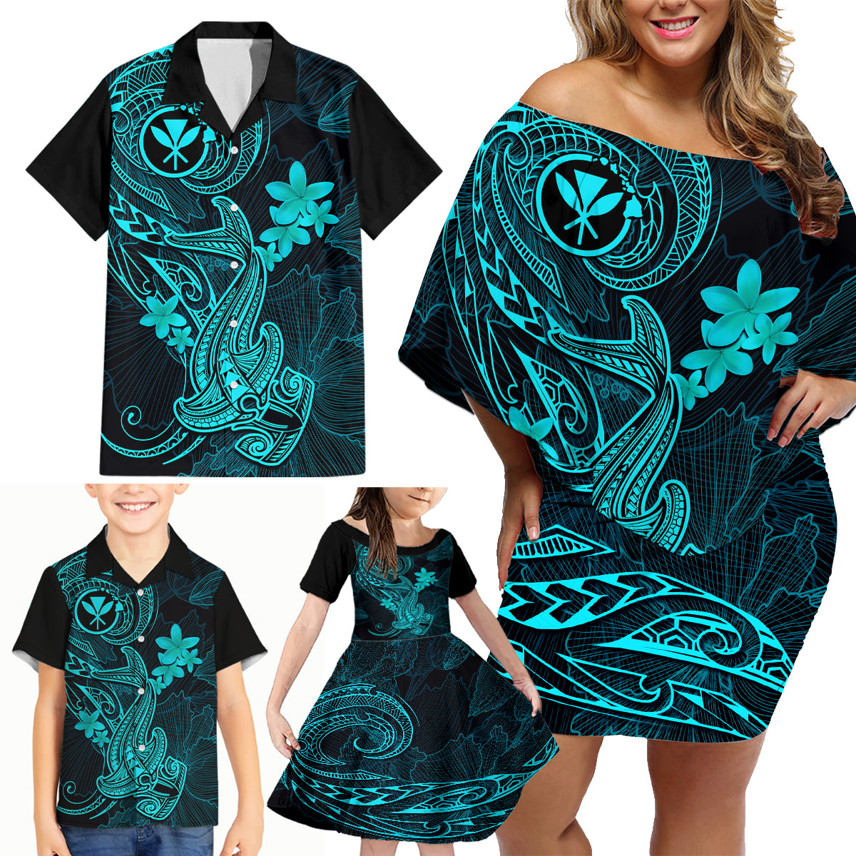 hawaii-family-matching-off-shoulder-short-dress-and-hawaiian-shirt-hammerhead-shark-tattoo-mix-polynesian-plumeria-turquoise-version