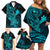 hawaii-family-matching-off-shoulder-short-dress-and-hawaiian-shirt-hammerhead-shark-tattoo-mix-polynesian-plumeria-turquoise-version