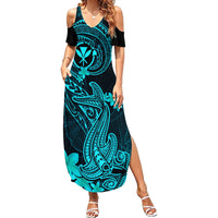 Hawaii Family Matching Summer Maxi Dress and Hawaiian Shirt Hammerhead Shark Tattoo Mix Polynesian Plumeria Turquoise Version LT14 Daughter's Dress Turquoise - Polynesian Pride