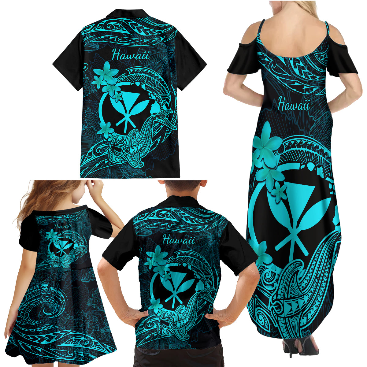 Hawaii Family Matching Summer Maxi Dress and Hawaiian Shirt Hammerhead Shark Tattoo Mix Polynesian Plumeria Turquoise Version LT14 - Polynesian Pride