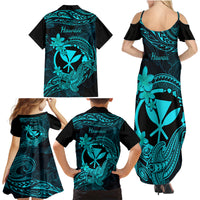 Hawaii Family Matching Summer Maxi Dress and Hawaiian Shirt Hammerhead Shark Tattoo Mix Polynesian Plumeria Turquoise Version LT14 - Polynesian Pride