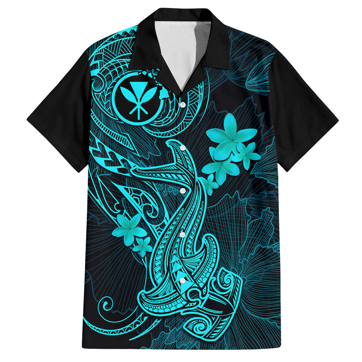 Hawaii Family Matching Summer Maxi Dress and Hawaiian Shirt Hammerhead Shark Tattoo Mix Polynesian Plumeria Turquoise Version LT14 Dad's Shirt - Short Sleeve Turquoise - Polynesian Pride