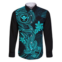 Hawaii Family Matching Summer Maxi Dress and Hawaiian Shirt Hammerhead Shark Tattoo Mix Polynesian Plumeria Turquoise Version LT14 Son's Shirt Turquoise - Polynesian Pride