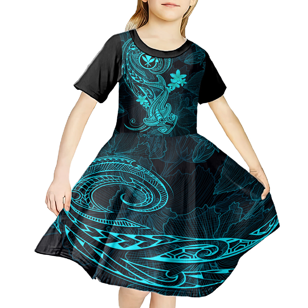 hawaii-kid-short-sleeve-dress-hammerhead-shark-tattoo-mix-polynesian-plumeria-turquoise-version
