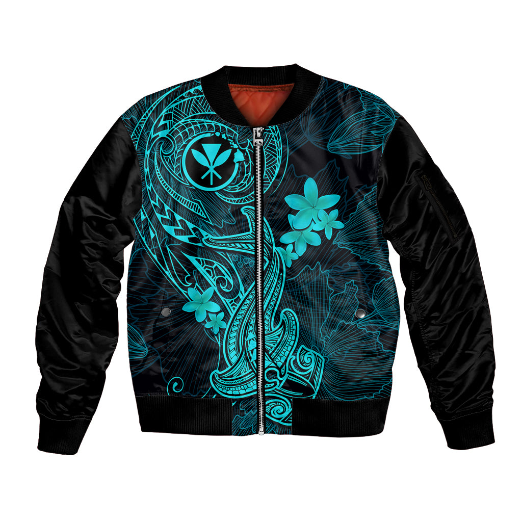 Hawaii Sleeve Zip Bomber Jacket Hammerhead Shark Tattoo Mix Polynesian Plumeria Turquoise Version LT14 Unisex Turquoise - Polynesian Pride