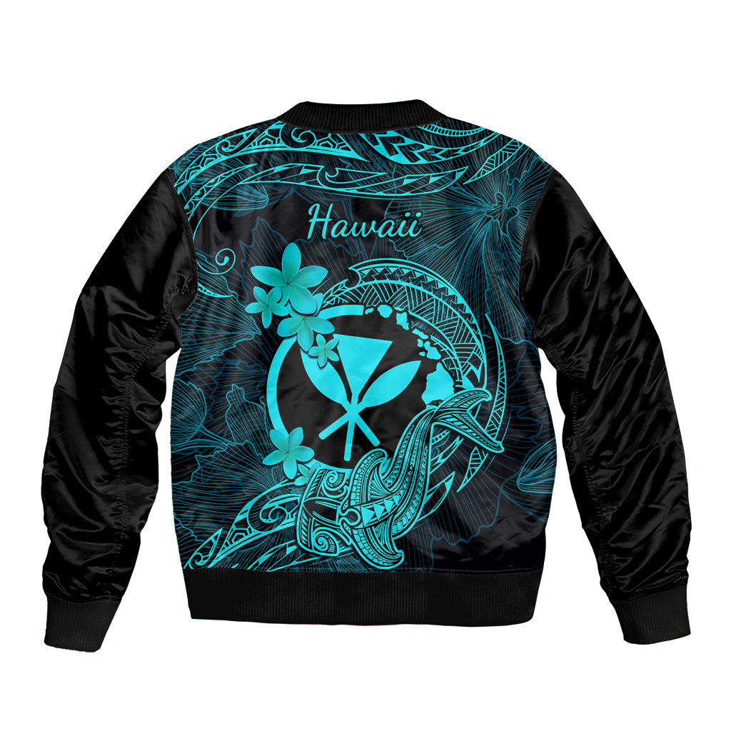 Hawaii Sleeve Zip Bomber Jacket Hammerhead Shark Tattoo Mix Polynesian Plumeria Turquoise Version LT14 - Polynesian Pride