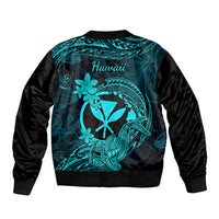 Hawaii Sleeve Zip Bomber Jacket Hammerhead Shark Tattoo Mix Polynesian Plumeria Turquoise Version LT14 - Polynesian Pride