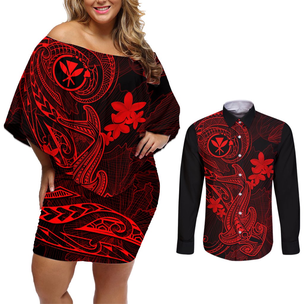 hawaii-couples-matching-off-shoulder-short-dress-and-long-sleeve-button-shirts-hammerhead-shark-tattoo-mix-polynesian-plumeria-red-version