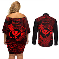 hawaii-couples-matching-off-shoulder-short-dress-and-long-sleeve-button-shirts-hammerhead-shark-tattoo-mix-polynesian-plumeria-red-version