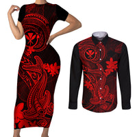 hawaii-couples-matching-short-sleeve-bodycon-dress-and-long-sleeve-button-shirts-hammerhead-shark-tattoo-mix-polynesian-plumeria-red-version