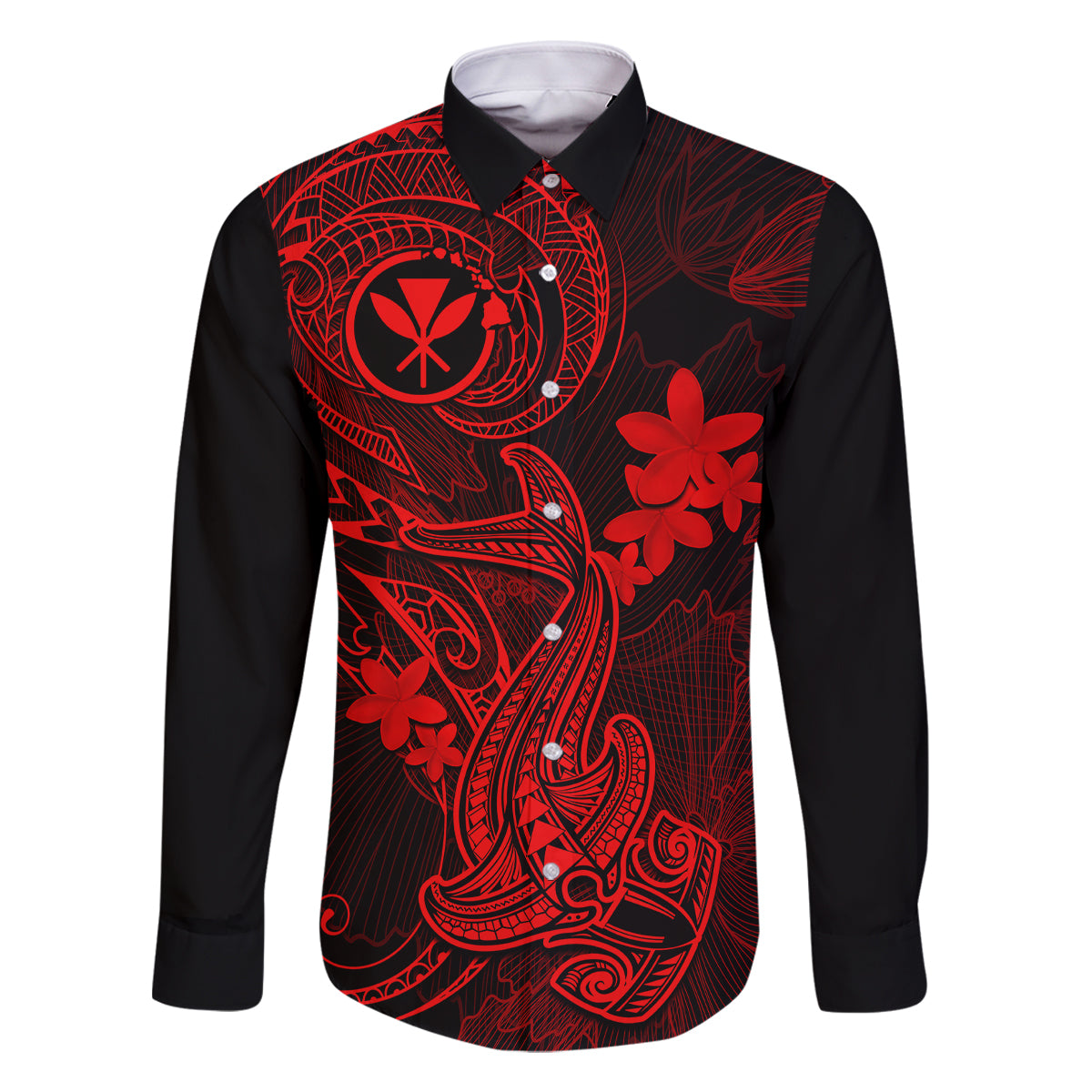 Hawaii Family Matching Off Shoulder Maxi Dress and Hawaiian Shirt Hammerhead Shark Tattoo Mix Polynesian Plumeria Red Version LT14 Dad's Shirt - Long Sleeve Red - Polynesian Pride