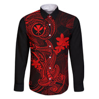 Hawaii Family Matching Off Shoulder Maxi Dress and Hawaiian Shirt Hammerhead Shark Tattoo Mix Polynesian Plumeria Red Version LT14 Dad's Shirt - Long Sleeve Red - Polynesian Pride