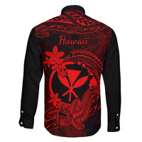 Hawaii Family Matching Off Shoulder Maxi Dress and Hawaiian Shirt Hammerhead Shark Tattoo Mix Polynesian Plumeria Red Version LT14 - Polynesian Pride